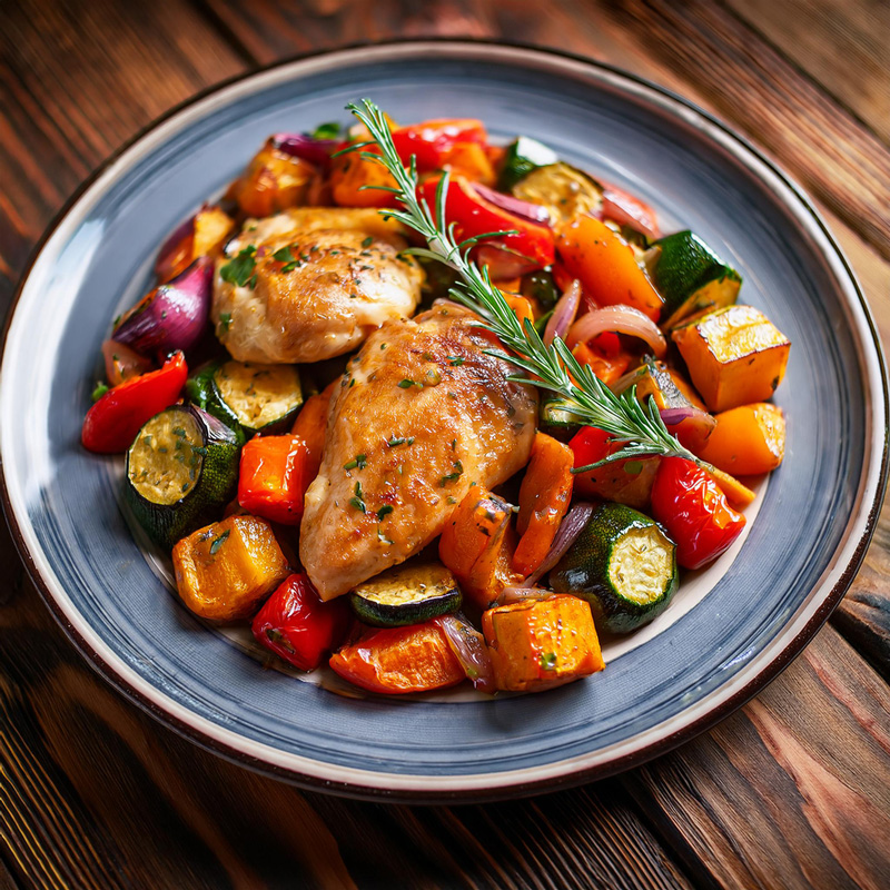 Chicken with roasties and ratatouille
